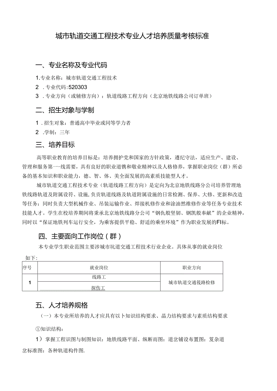 城市轨道交通工程技术专业人才培养质量考核标准.docx_第1页