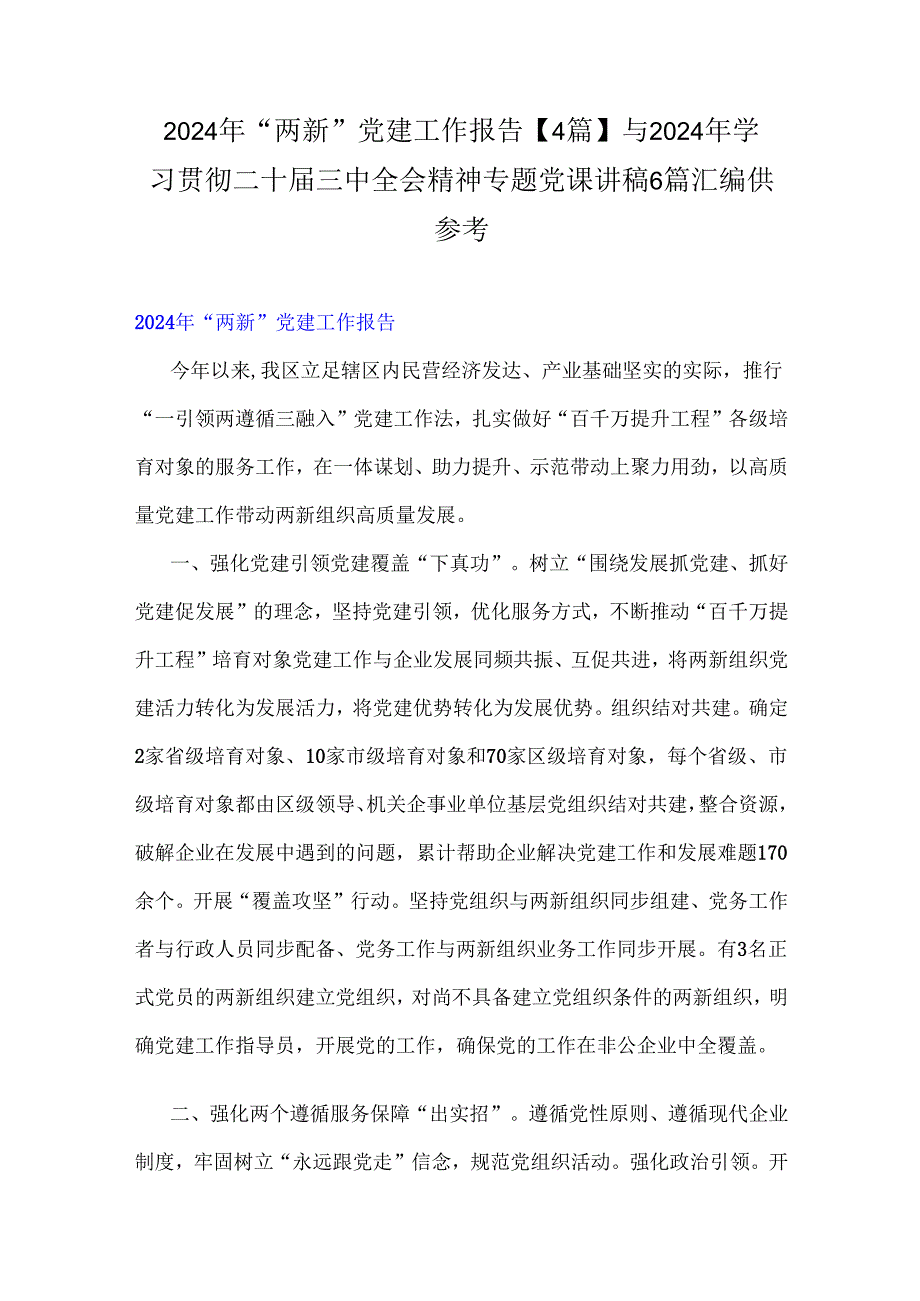 2024年“两新”党建工作报告【4篇】与2024年学习贯彻二十三中全会精神专题党课讲稿6篇汇编供参考.docx_第1页