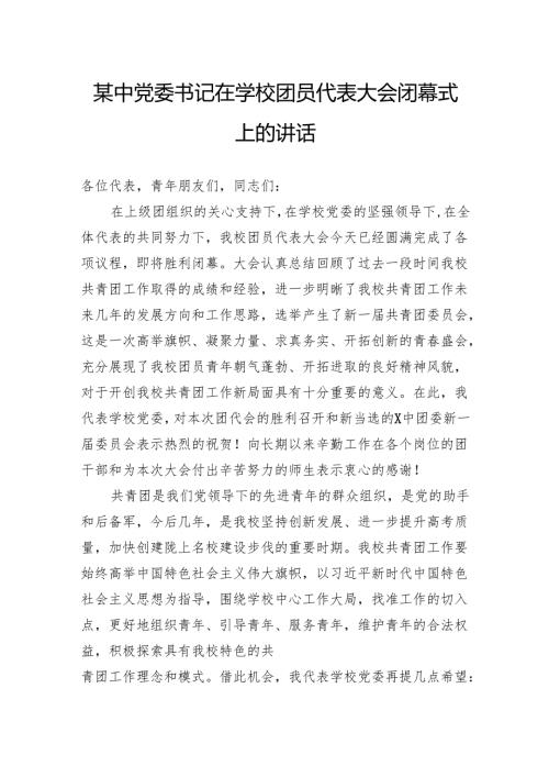 某中党委书记在学校团员代表大会闭幕式上的讲话.docx