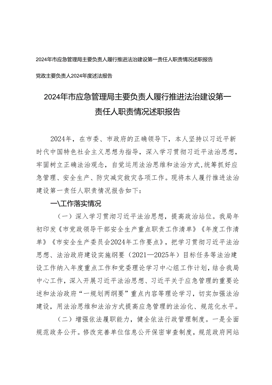 2024 年主要负责人履行推进法治建设第一责任人职责情况述职报告+党政主要负责人2024述法报告.docx_第1页