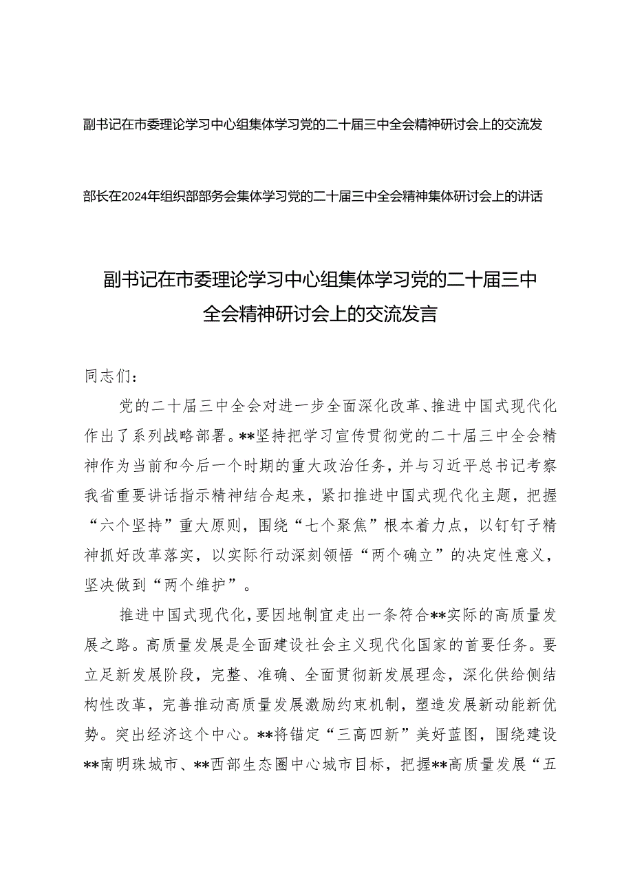 20242025年副书记、部长在学习党的二十三中全会精神研讨会上的交流发言.docx_第1页