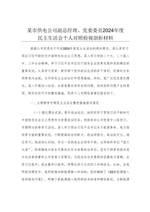 某市供电公司副总经理、党委委员2024年度民主生活会个人对照检视剖析材料.docx