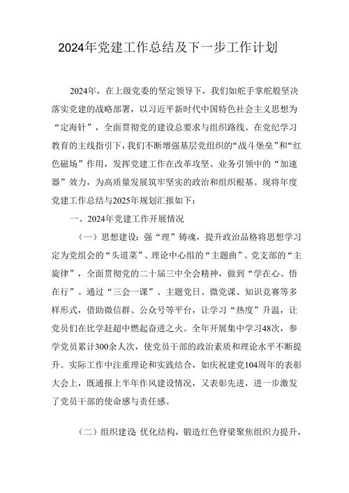2024年公司党建工作总结及下一步工作计划（汇编5份）.docx