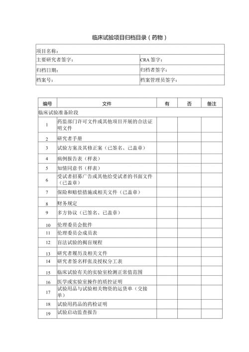 临床试验项目归档目录（药物）.docx