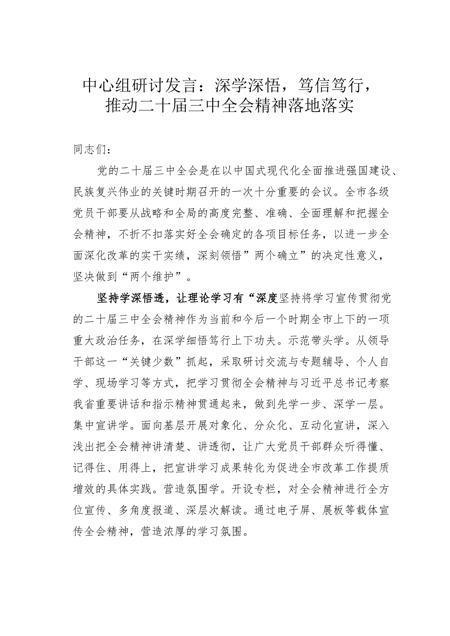 中心组研讨发言：深学深悟笃信笃行推动二十三中全会精神落地落实.docx_第1页