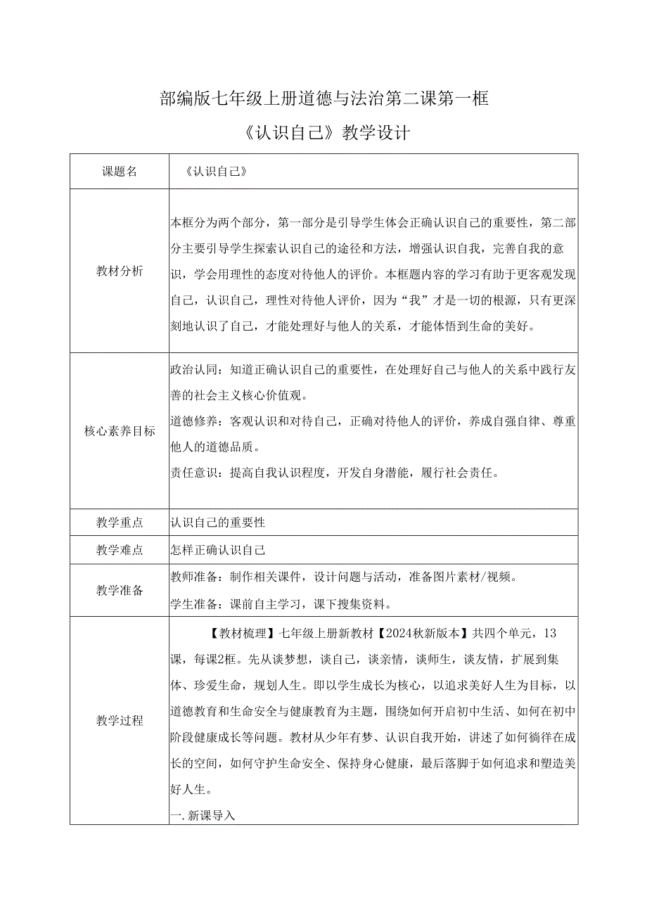 全国赛课一等奖统编版七年级道德与法治上册（人教2024年）《认识自己》教学设计.docx_第1页