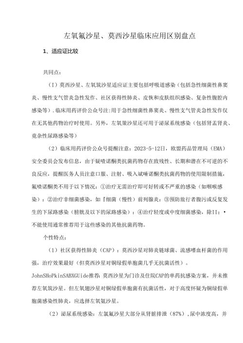 左氧氟沙星、莫西沙星临床应用区别盘点.docx