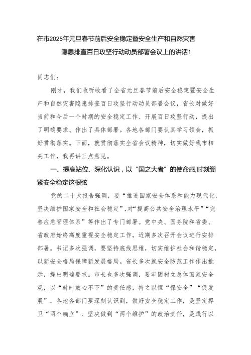 在某市2025年元旦节双节前后安全稳定、安全生产暨自然灾害隐患排查百日攻坚行动动员部署会议上的发言讲话.docx
