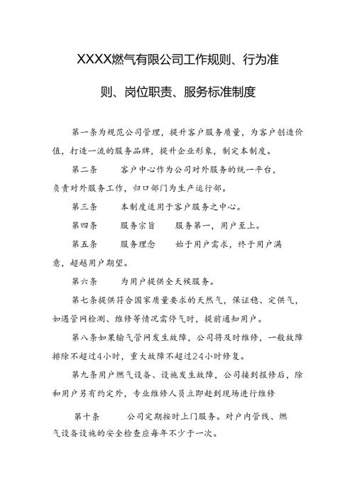 燃气有限公司工作规则、行为准则、岗位职责、服务标准制度.docx