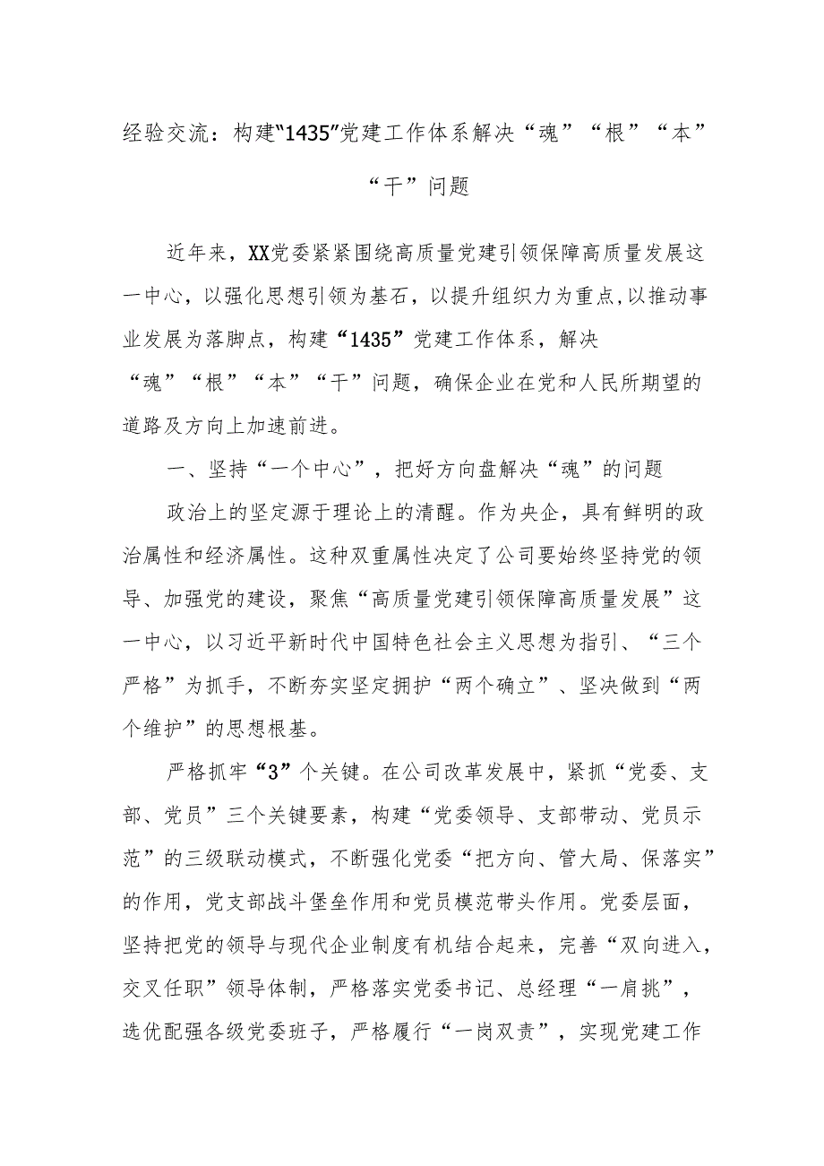 经验交流：构建“1435”党建工作体系解决“魂”“根”“本”“干”问题.docx_第1页