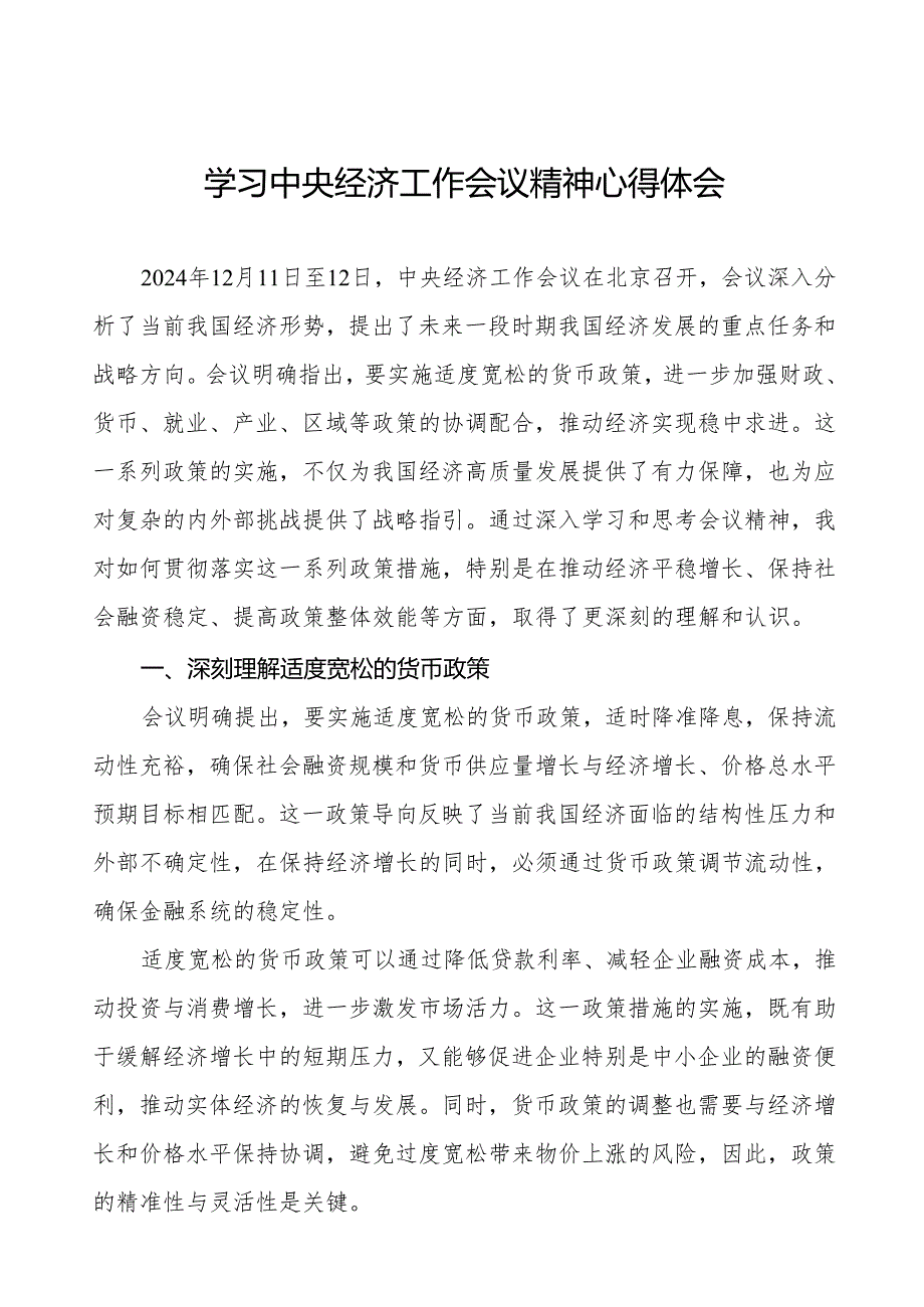 九篇2024年中央经济工作会议精神心得体会发言稿.docx_第1页