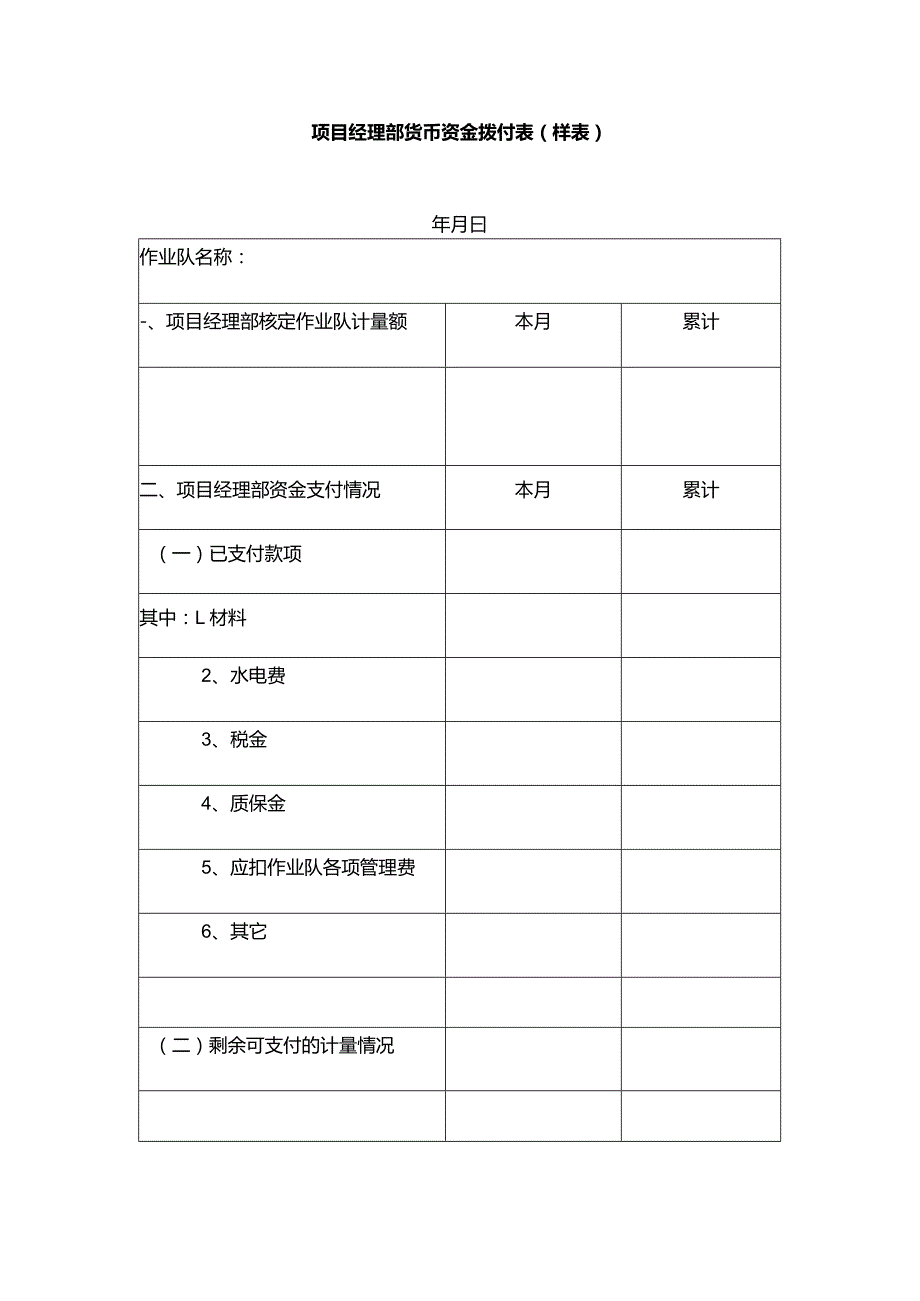 项目经理部货币资金拨付表（样表）.docx_第1页