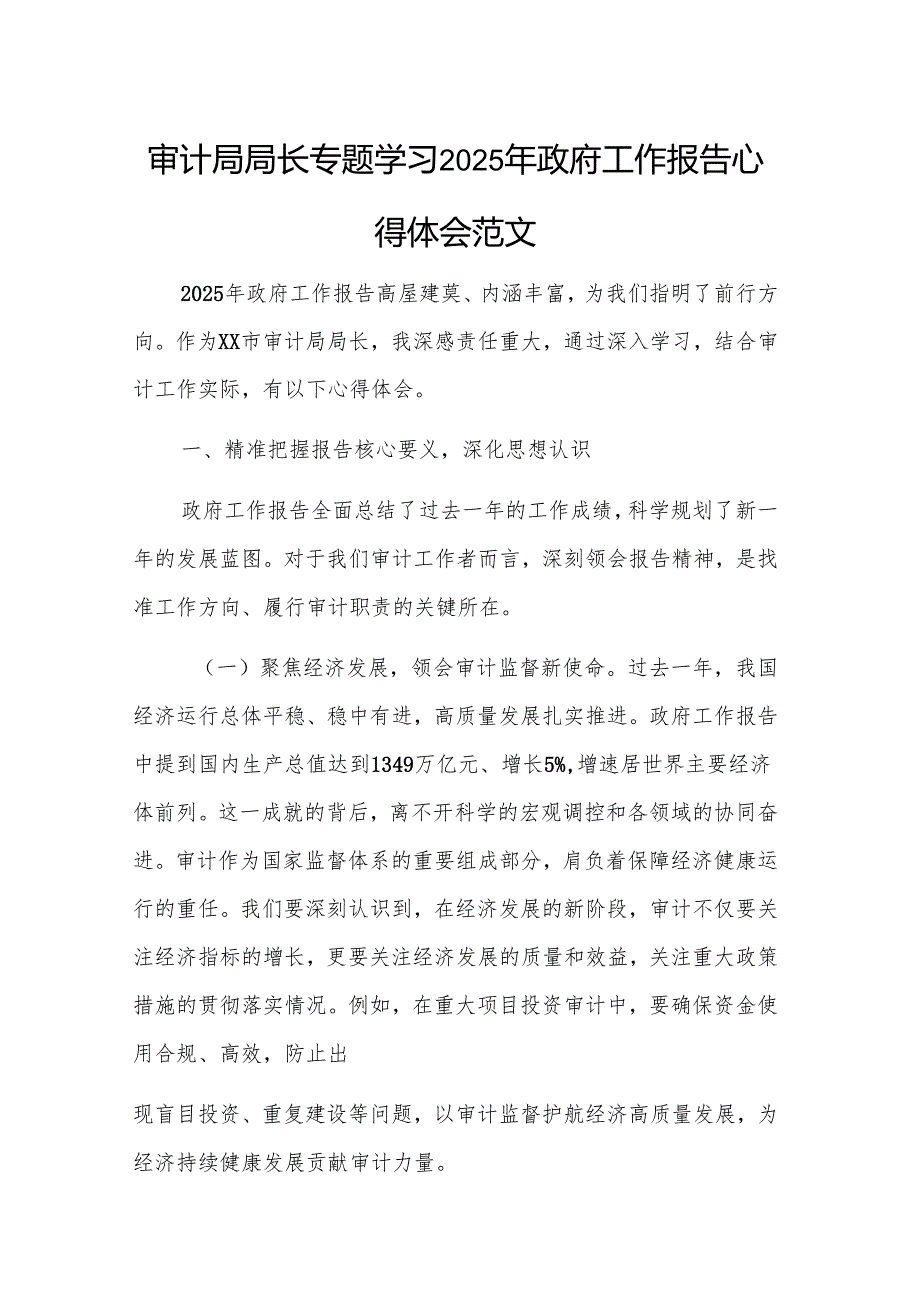 审计局局长专题学习2025年政府工作报告心得体会范文.docx_第1页