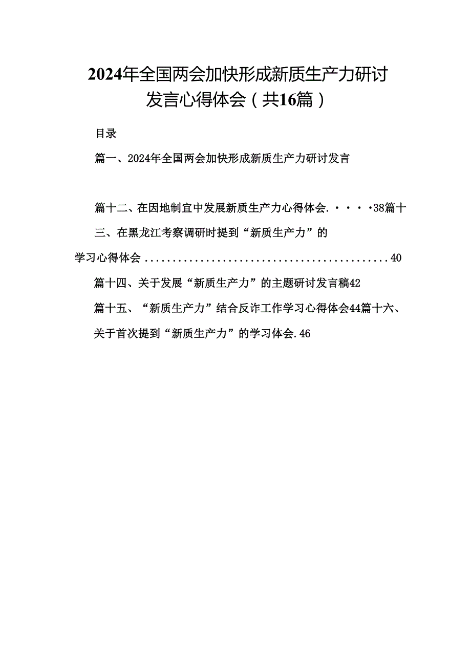 （16篇）2024年全国两会加快形成新质生产力研讨发言心得体会（详细版）.docx_第1页