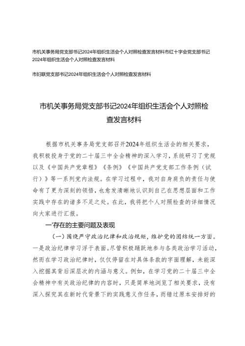 （四个带头五个方面）机关事务、红十字、妇联系统党支部书记2025年组织生活会个人对照检查发言材料.docx