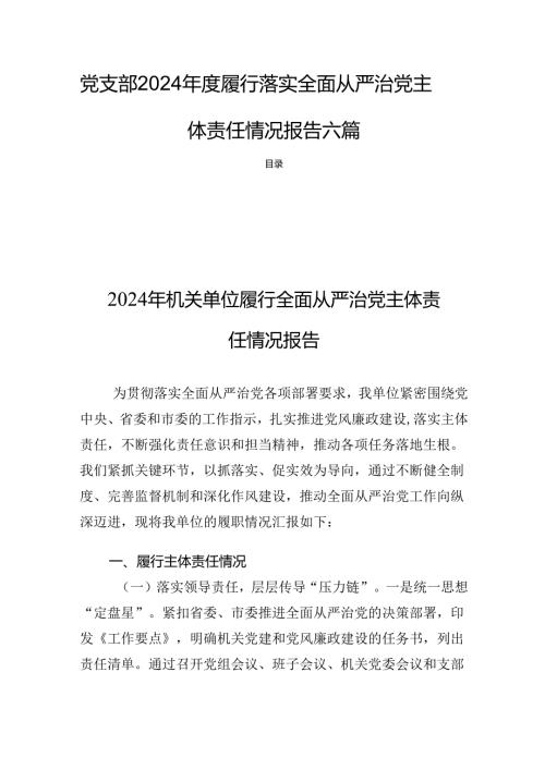 党支部2024履行落实全面从严治党主体责任情况报告六篇.docx