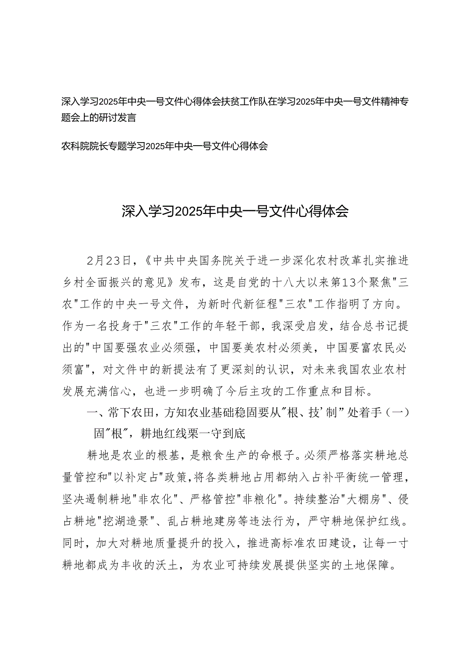 深入学习2025年中央一号文件心得体会+在学习2025年中央一号文件精神专题会上的研讨发言.docx_第1页