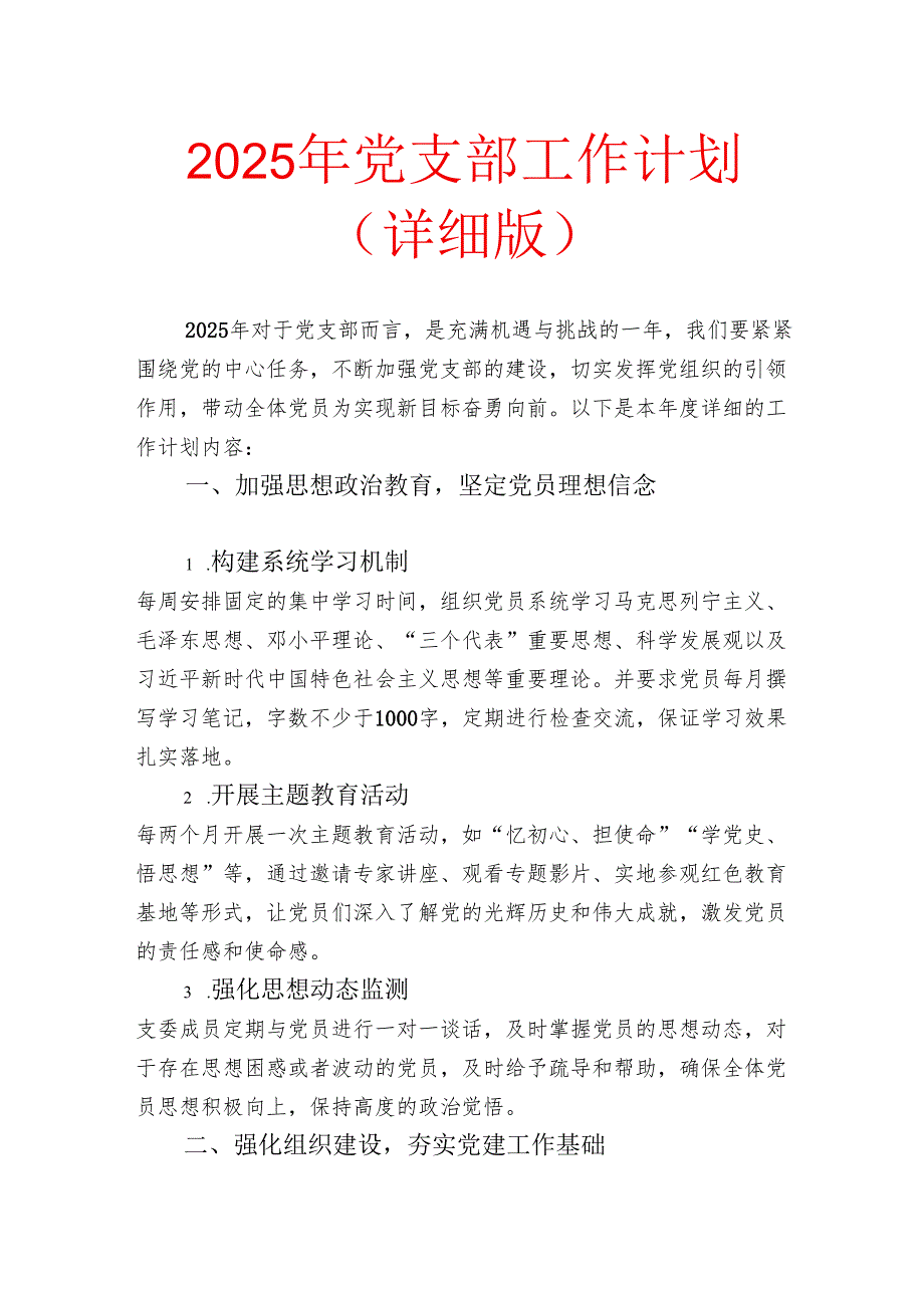 2025 年党支部工作计划（详细版）.docx_第1页