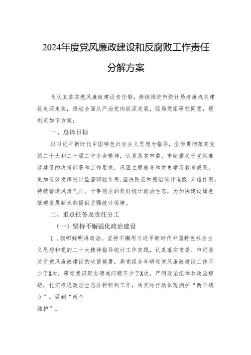 2024党风廉政建设和反腐败工作责任分解方案.docx