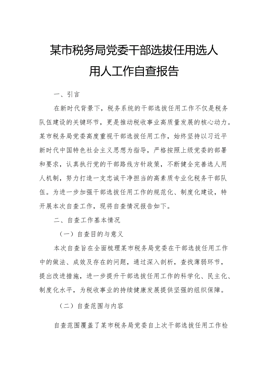 某市税务局党委干部选拔任用选人用人工作自查报告.docx_第1页