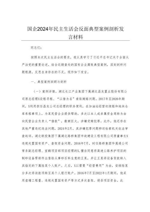 国企2024年民主生活会反面典型案例剖析发言材料.docx