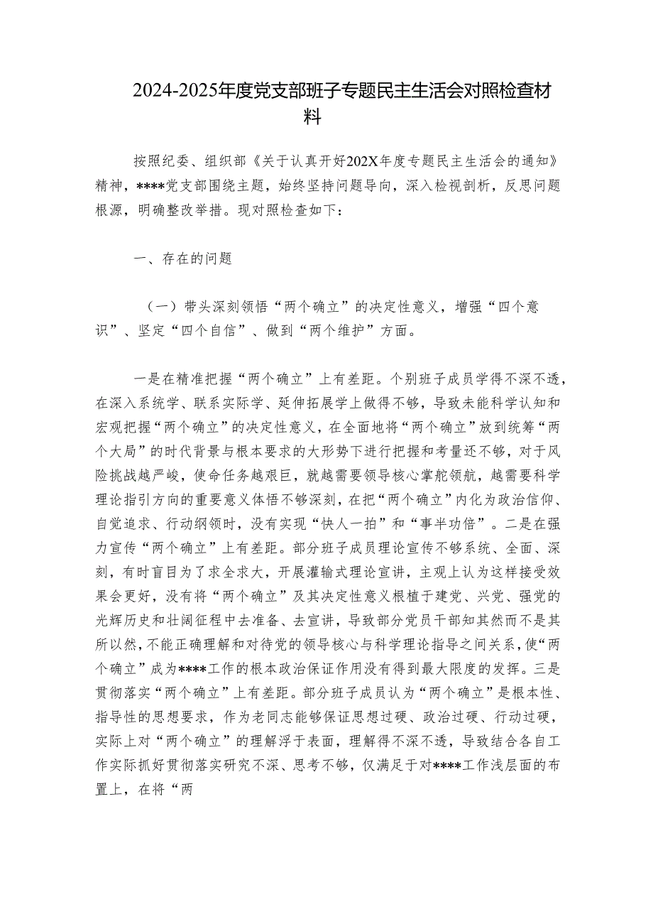 20242025党支部班子专题民主生活会对照检查材料.docx_第1页