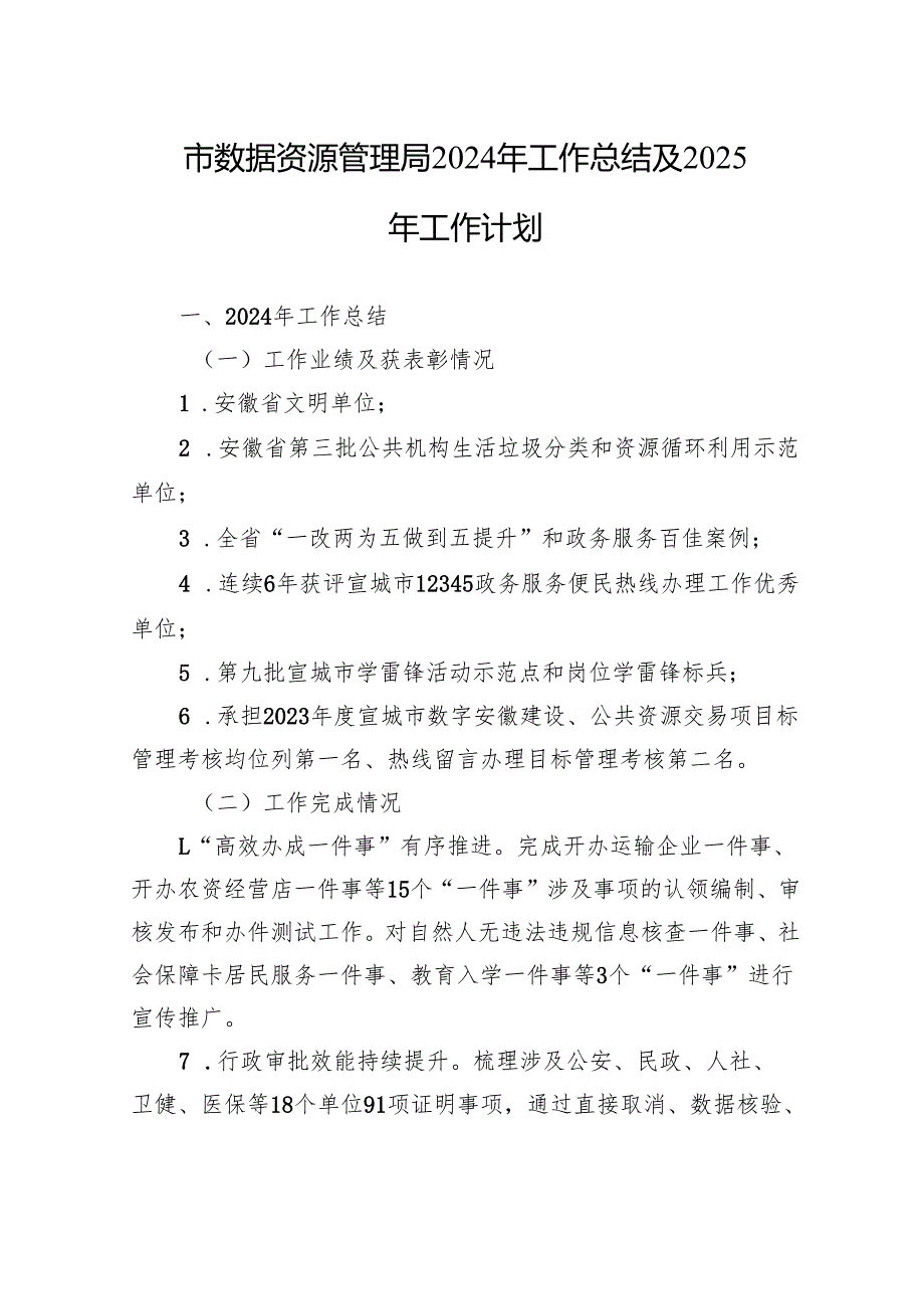 市数据资源管理局2024年工作总结及2025年工作计划（20241022）.docx_第1页