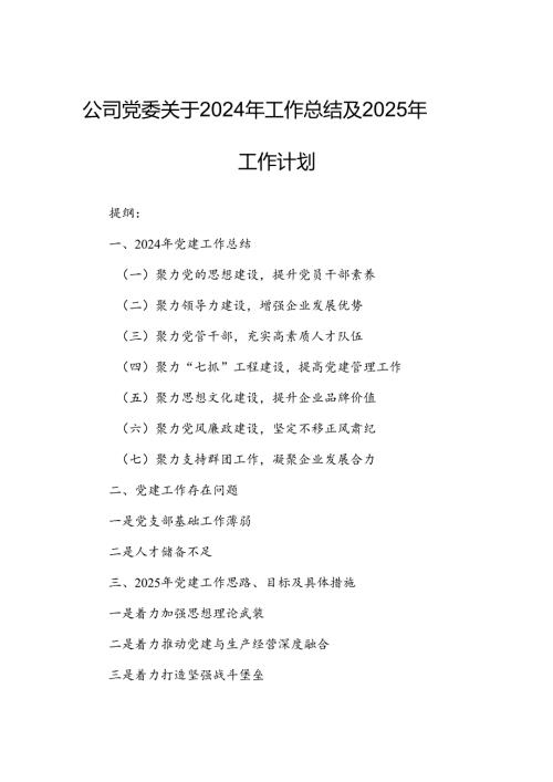 公司党委关于2024年工作总结及2025年工作计划.docx