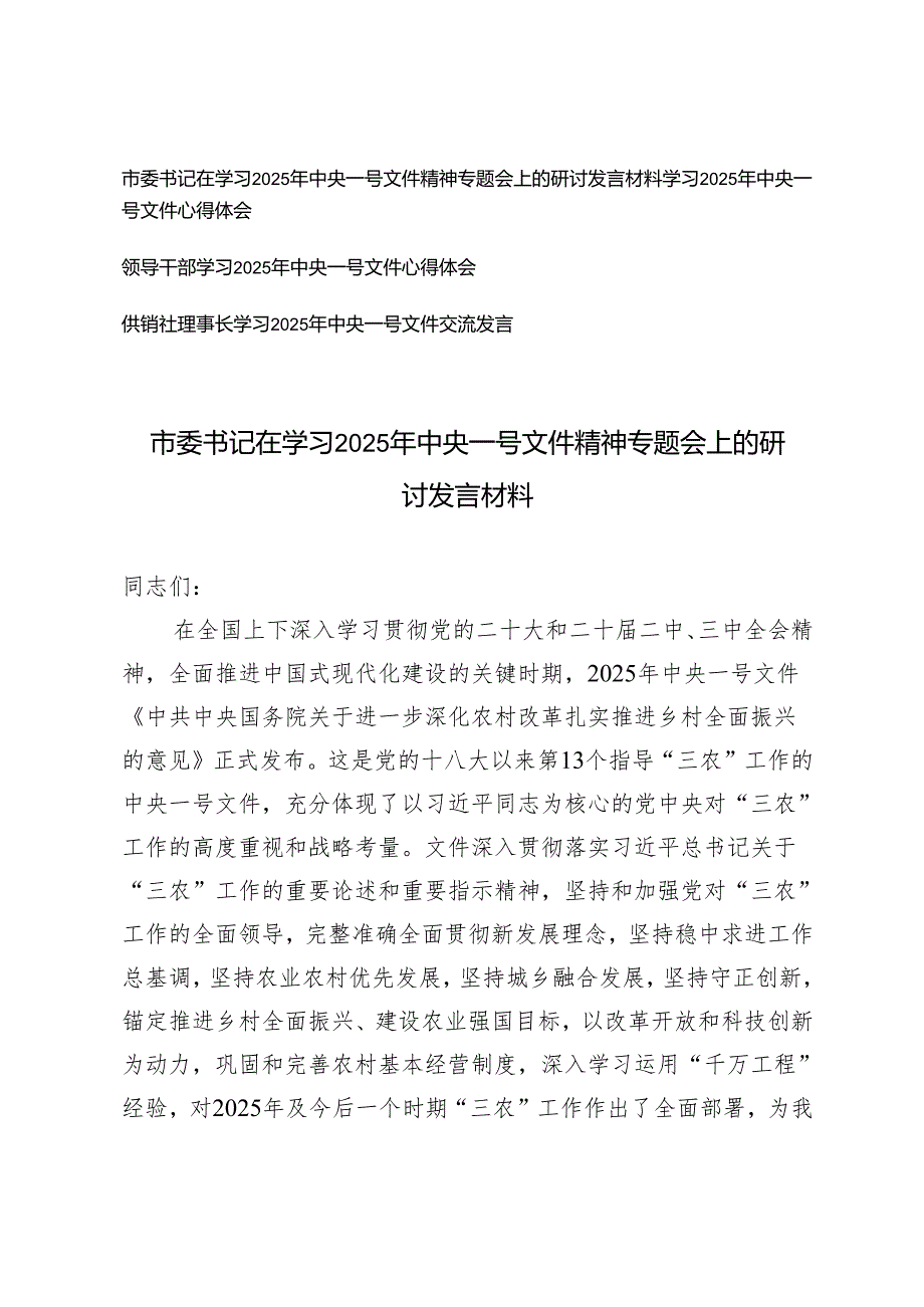 市委书记、领导干部在学习2025年中央一号文件精神专题会上的研讨发言材料+学习2025年中央一号文件心得体会.docx_第1页