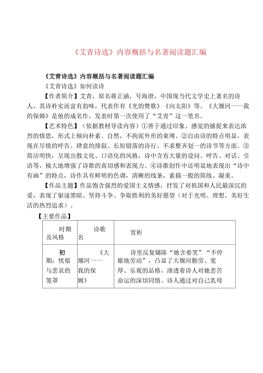 《艾青诗选》内容概括与名著阅读题汇编.docx_第1页