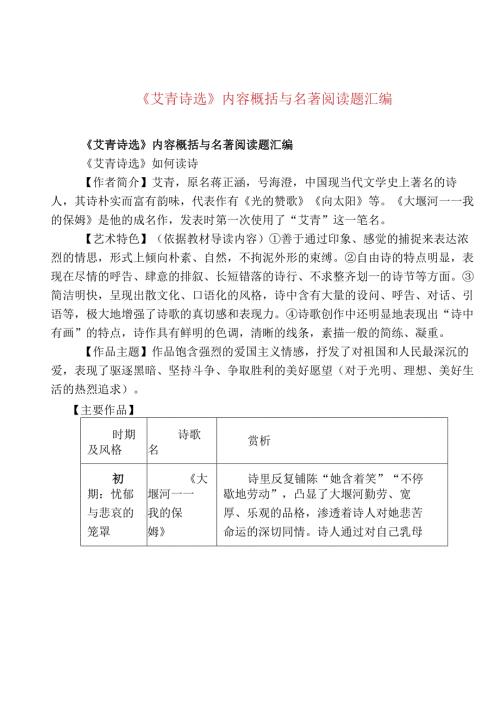 《艾青诗选》内容概括与名著阅读题汇编.docx