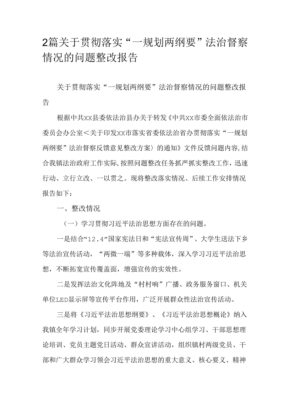 2篇关于贯彻落实“一规划两纲要”法治督察情况的问题整改报告.docx_第1页