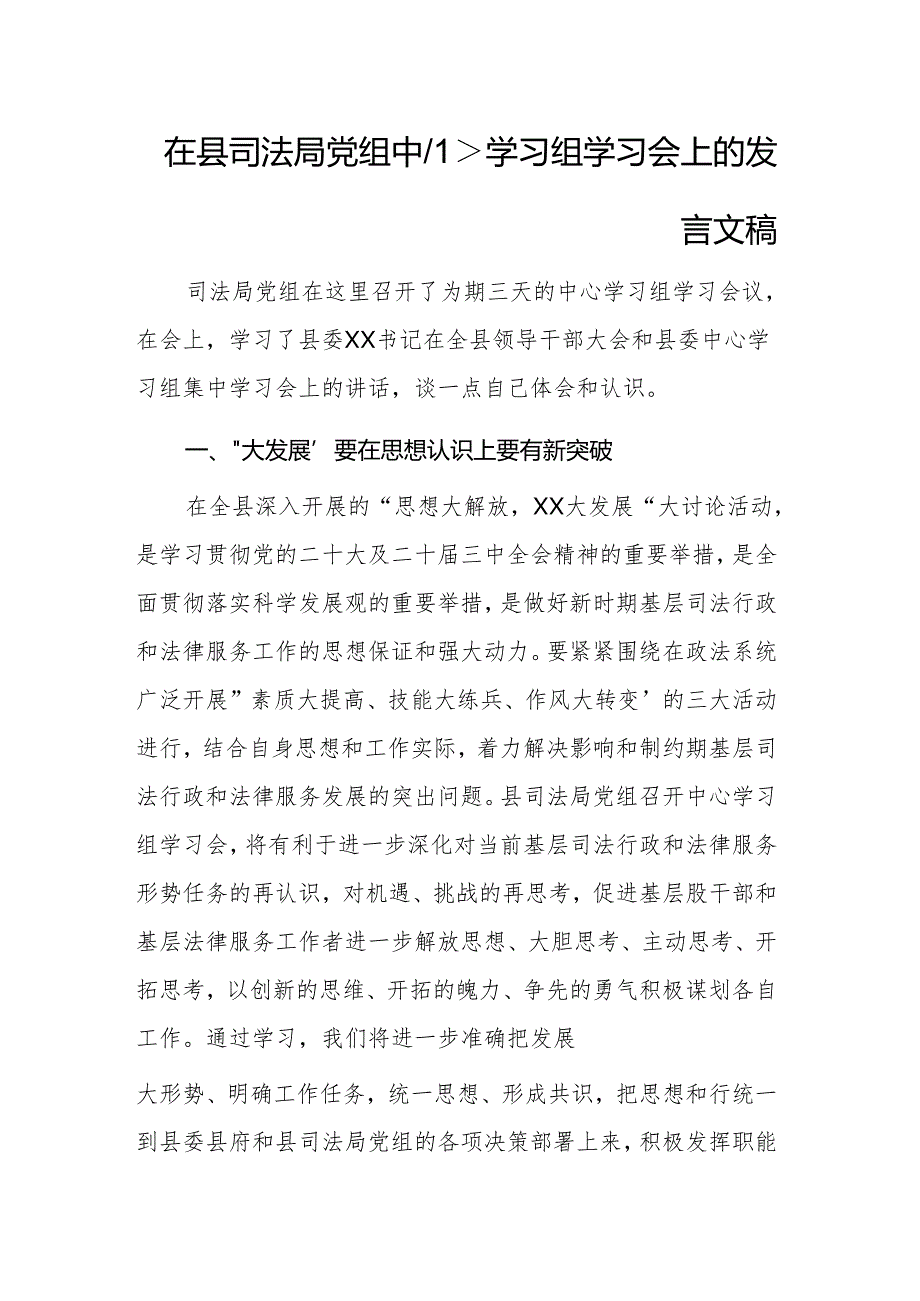 在县司法局党组中心学习组学习会上的发言材料文稿.docx_第1页
