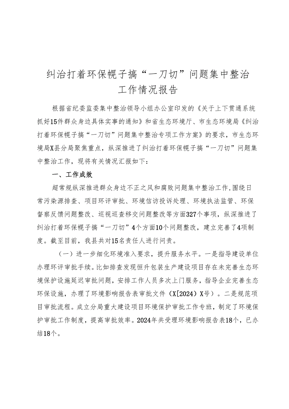 纠治打着环保幌子搞“一刀切”问题集中整治工作情况报告(2).docx_第1页