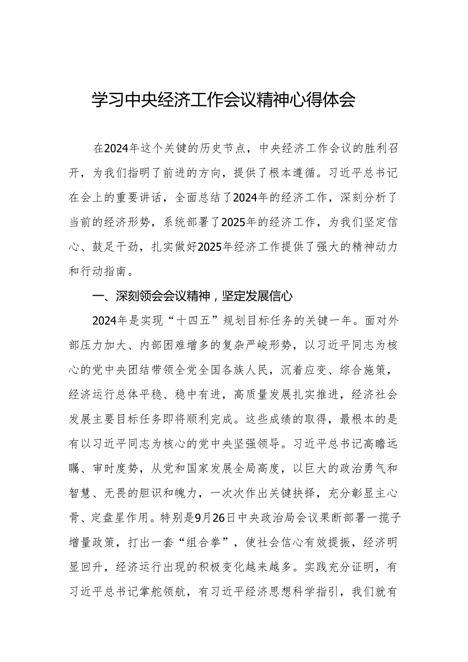 九篇中央经济工作会议精神心得体会2024年.docx_第1页
