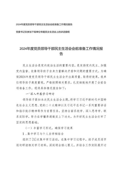 2024党员领导干部民主生活会会前准备工作情况报告+党委书记在参加下级单位专题民主生活会上的讲话提纲.docx
