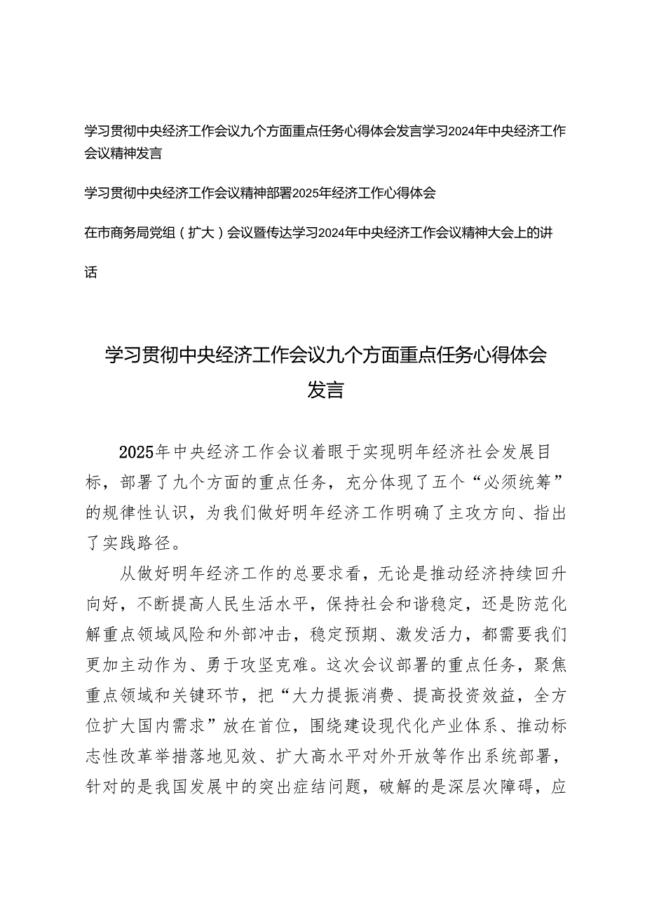 学习2024中央经济工作会议九个方面重点任务心得体会发言学习2024年中央经济工作会议精神发言4篇.docx_第1页