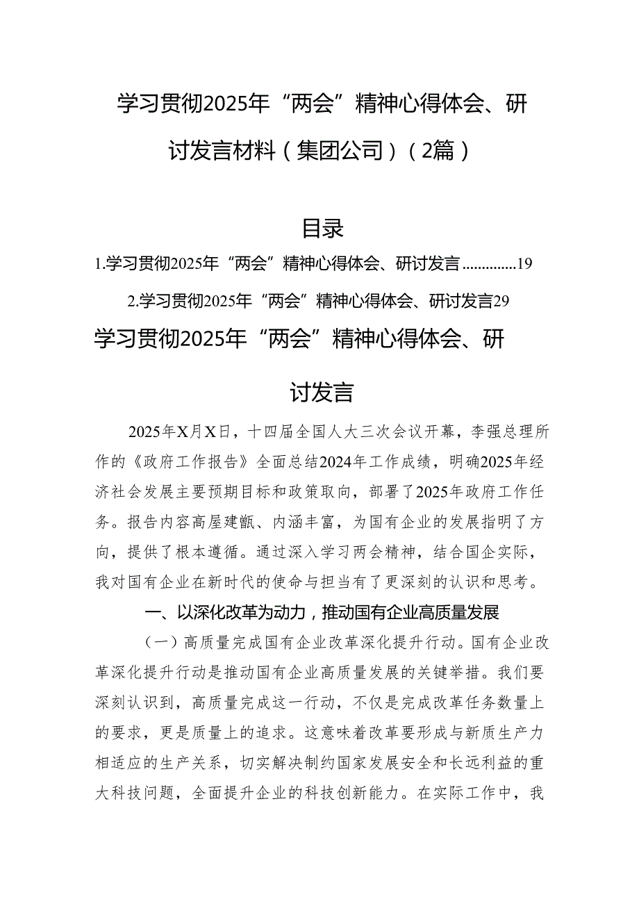 学习贯彻2025年“两会”精神心得体会、研讨发言材料（集团公司）（2篇）.docx_第1页