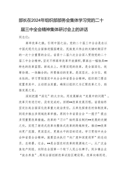 部长在2024年组织部部务会集体学习党的二十三中全会精神集体研讨会上的讲话.docx