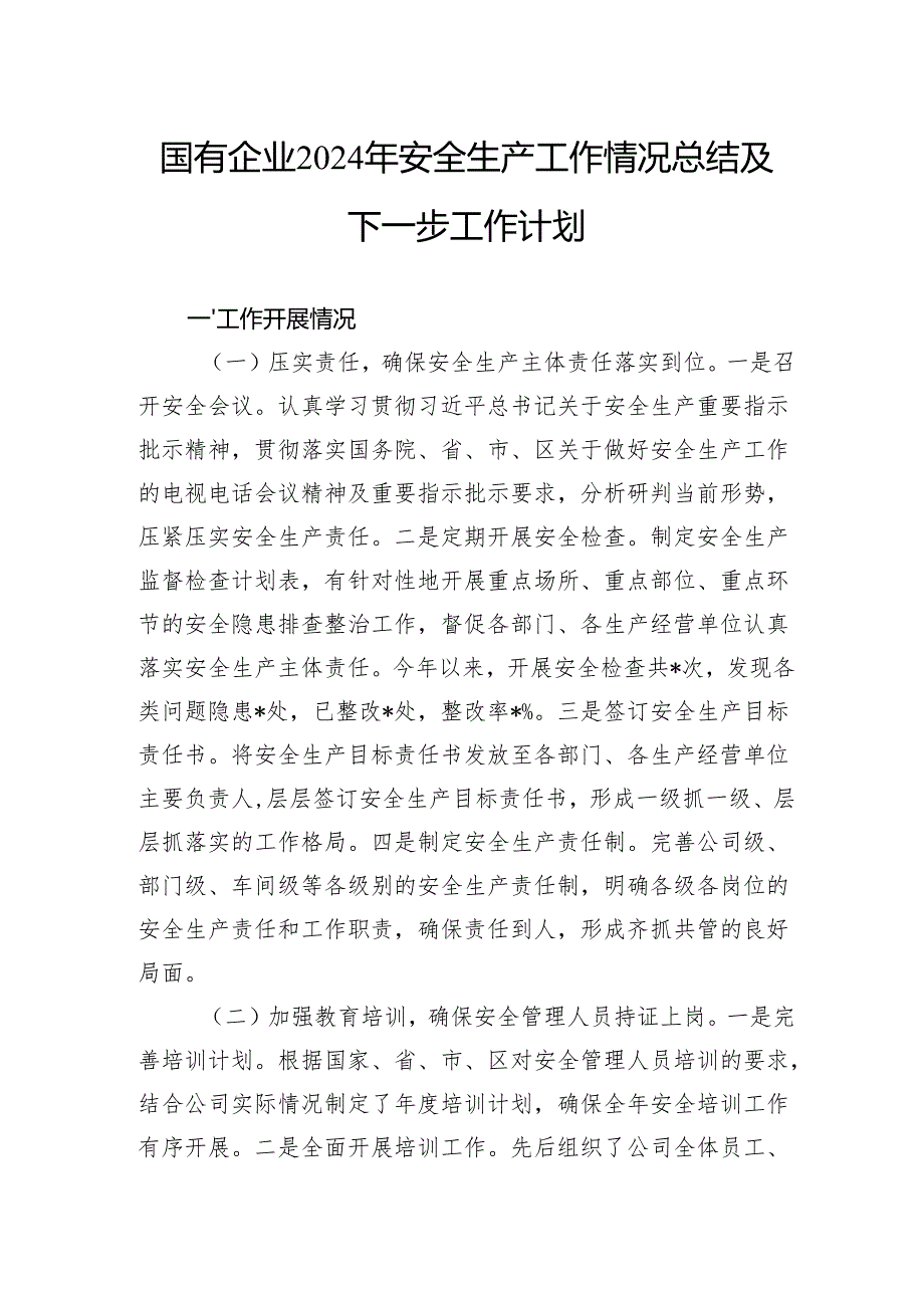 国有企业2024年安全生产工作情况总结及下一步工作计划.docx_第1页