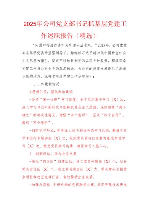 2025年公司党支部书记抓基层党建工作述职报告（精选）.docx