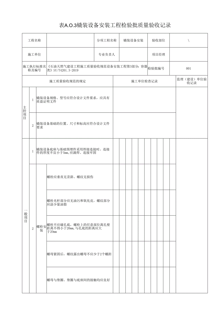 橇装设备安装工程检验批质量验收记录(石油化工).docx_第1页