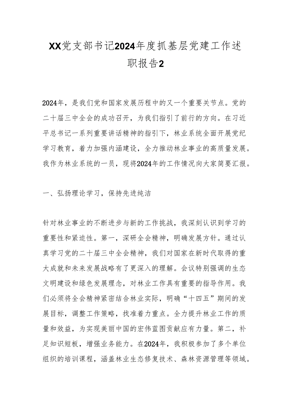 xx党支部书记2024抓基层党建工作述职报告2.docx_第1页