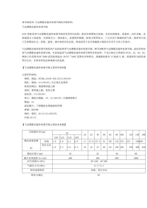 调节阀系列气动薄膜直通单座调节阀的详细资料.docx
