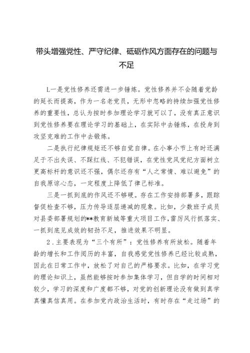 2024年带头增强党性、严守纪律、砥砺作风方面存在的问题与不足18条.docx