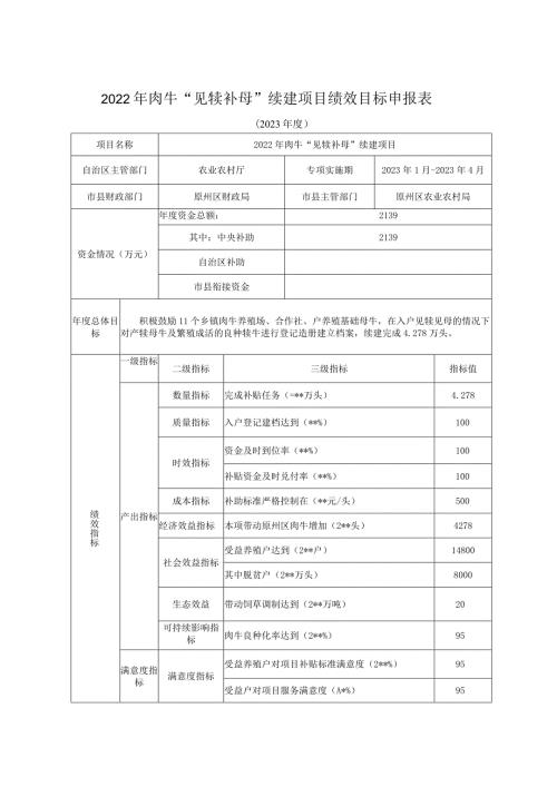 2022年肉牛“见犊补母”续建项目绩效目标申报表.docx