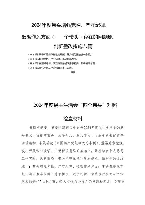2024带头增强党性、严守纪律、砥砺作风方面（四个带头）存在的问题原因剖析整改措施八篇.docx