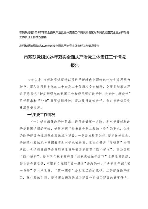 2024年党组落实全面从严治党主体责任工作情况报告（财政局、残联党组、水利局）.docx