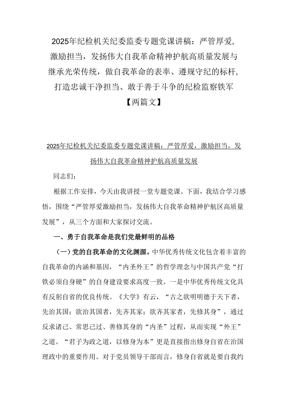 2025年纪检机关纪委监委专题党课讲稿：严管厚爱激励担当发扬伟大自我革命精神护航高质量发展与继承光荣传统做自我革命的表率、遵规守纪的标.docx_第1页