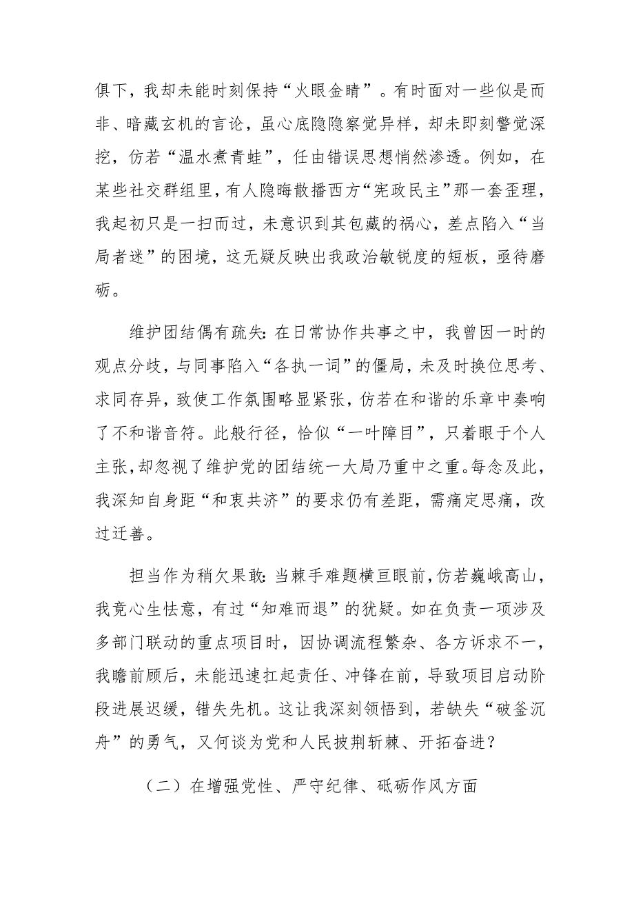 2025年民主生活会对照检查检查材料“带头在遵规守纪、清正廉洁前提下勇于担责、敢于创新方面”等四个方面检视问题.docx_第2页